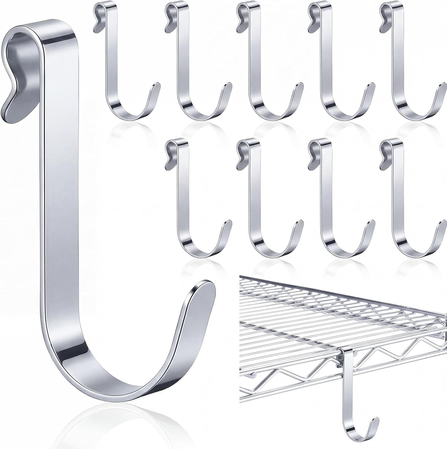 JJEAN-10pcs J Hooks for Wire Shelving 3.5 Inch Large Silver Heavy Duty Metal Shelf Hooks for Wire Shelves Racks Closet Shelving Accessories
