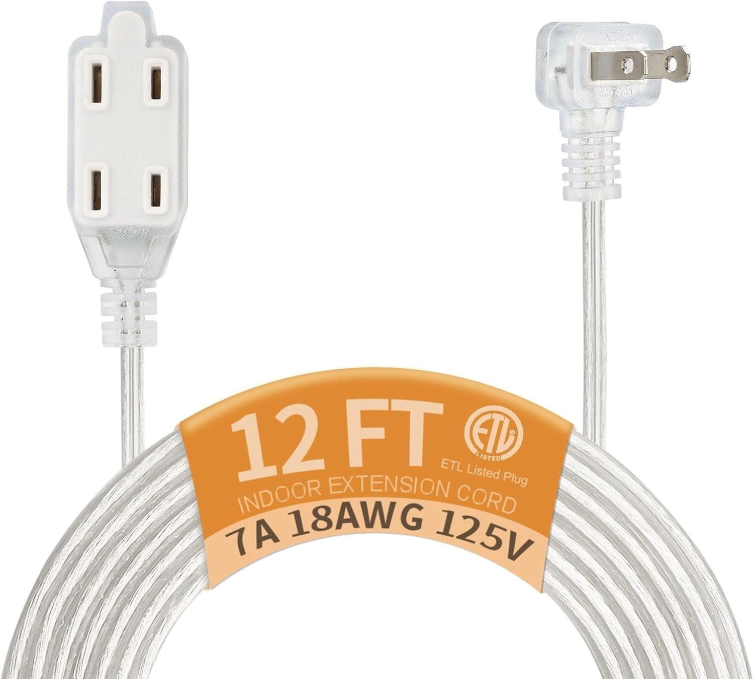 JJEAN-12 Ft 3 Outlet Extension Cords, Clear Extension Cord with UL-Certified, Thin Extension Cord Indoor with Multiple Outlets, 2 Prong, 2 x 18AWG 7A/125V, Male to Female, 1 Pack