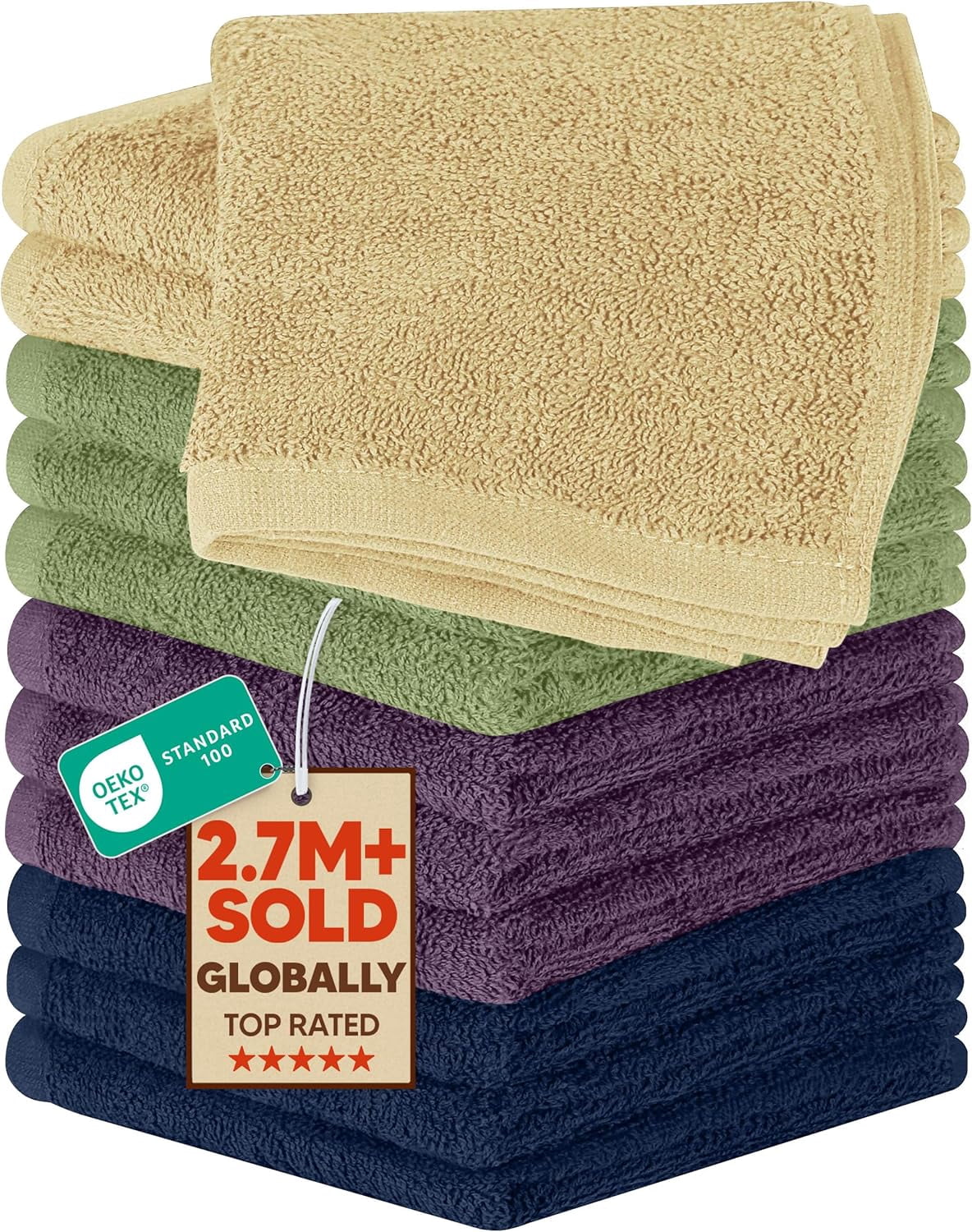 JJEAN-12 Pack Cotton Washcloths Set, 100% Ring Spun Cotton, Premium Flannel Face Cloths, Highly Absorbent and Soft Feel Fingertip Towels, Beige, Plum, Sage Green, Navy