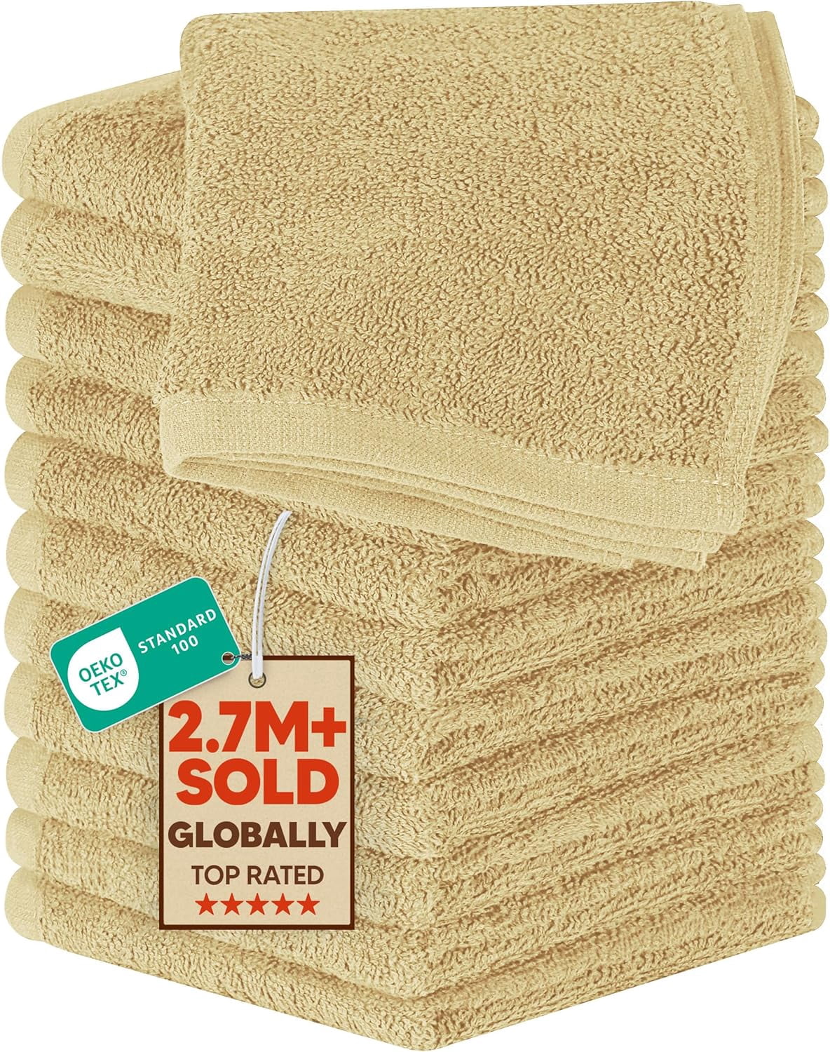 JJEAN-12 Pack Cotton Washcloths Set, 100% Ring Spun Cotton, Premium Flannel Face Cloths, Highly Absorbent and Soft Feel Fingertip Towels, Beige