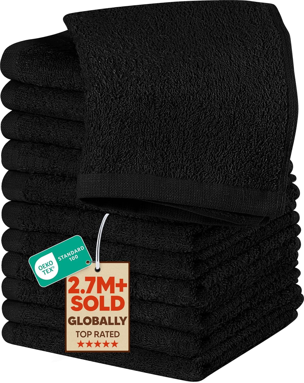 JJEAN-12 Pack Cotton Washcloths Set, 100% Ring Spun Cotton, Premium Flannel Face Cloths, Highly Absorbent and Soft Feel Fingertip Towels, Black