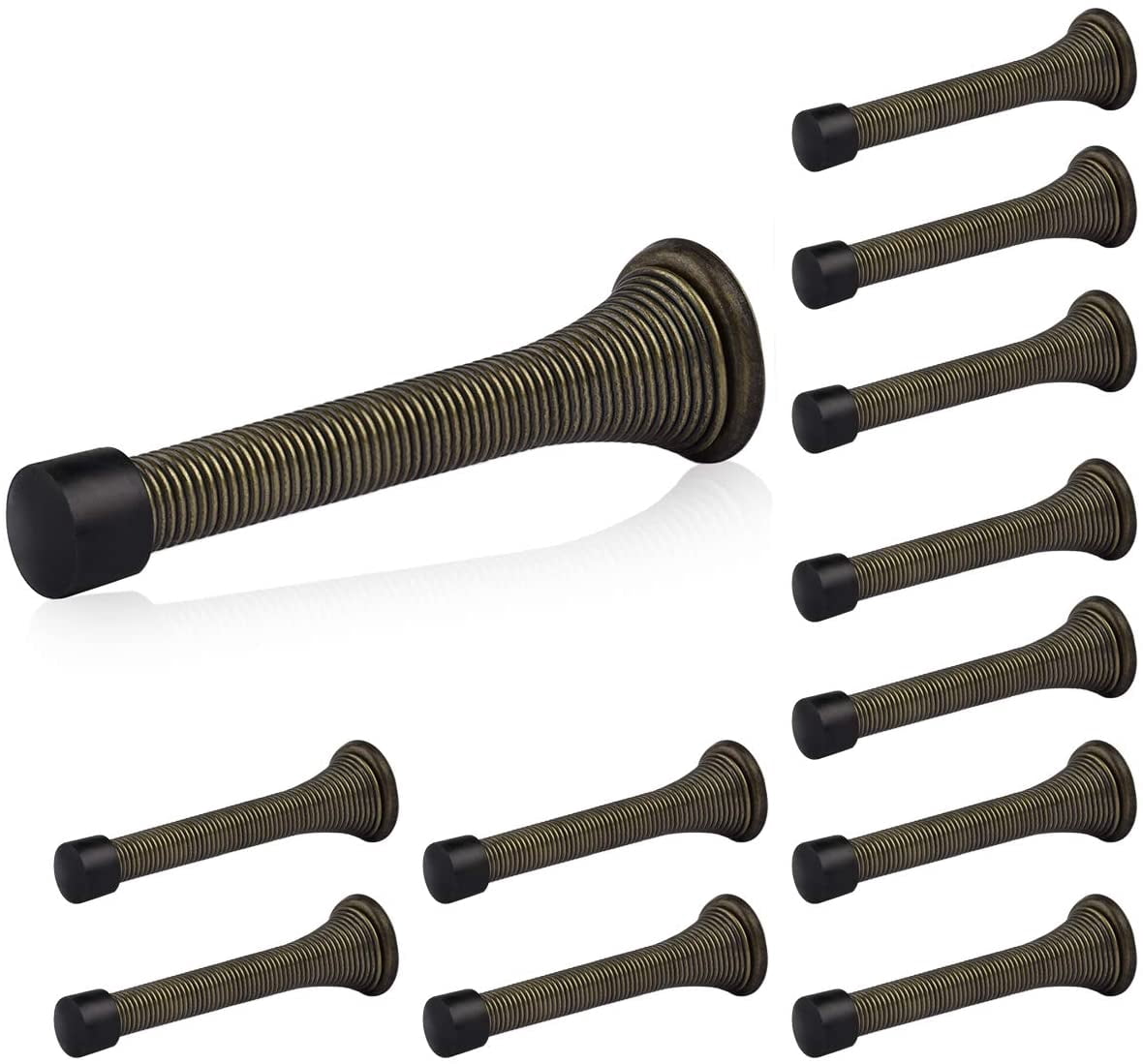 JJEAN-12 Pack Spring Door Stopper with Rubber Bumper 3-1/8" Flexible Spring Heavy Duty Wall Door Stop Low Mounted Door Bumper for Home (Antique Brass)