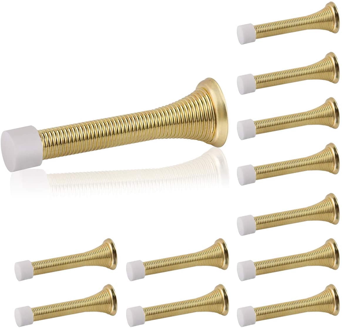 JJEAN-12 Pack Spring Door Stopper with Rubber Bumper 3-1/8" Flexible Spring Heavy Duty Wall Door Stop Low Mounted Door Bumper for Home (Bright Brass)