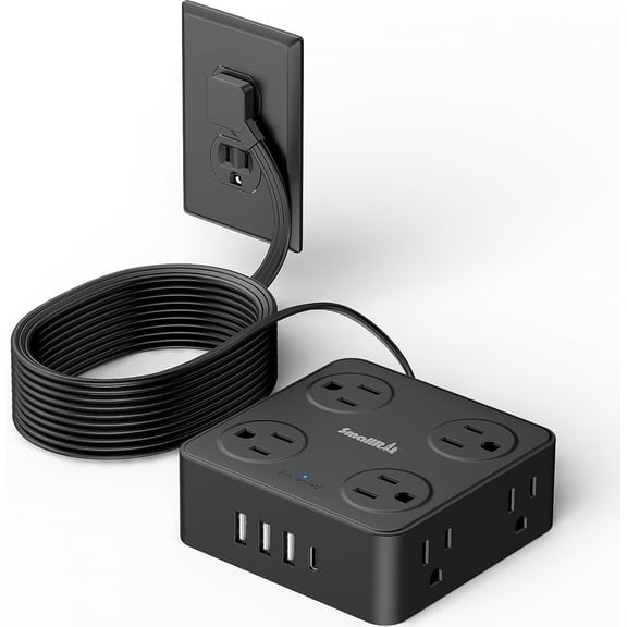JJEAN-12 in 1 Power Strip Extension Cords with Multiple Outlets, 8 Outlets & 4 USB Ports Extension Cord, Flat Plug Compact Charging Station