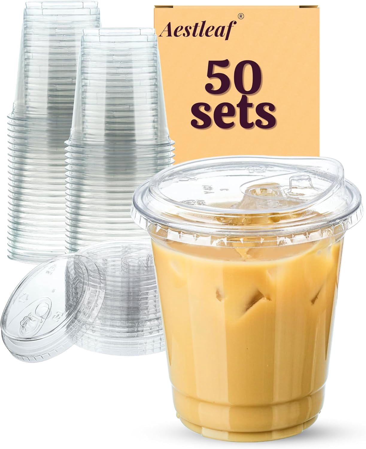 JJEAN-12 oz Clear Plastic Cups with Lids, 50 Sets Disposable Plastic Iced Coffee Cups with Strawless Sip-Lids, To Go Coffee Cup for Smoothie, Milkshake, Cold Drinks