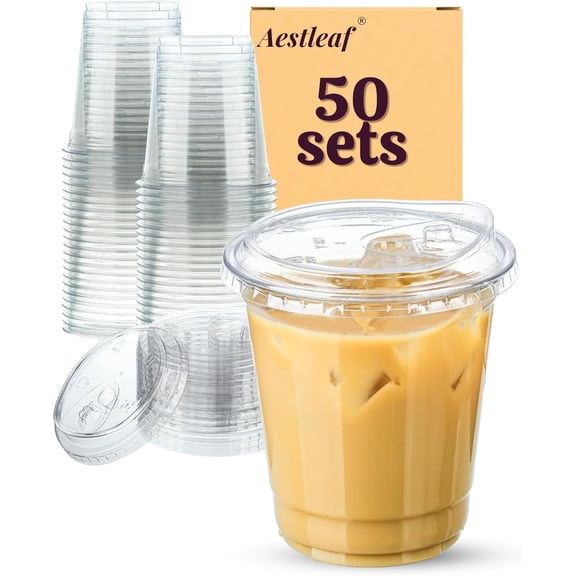 JJEAN-12 oz Clear Plastic Cups with Lids, 50 Sets Disposable Plastic Iced Coffee Cups with Strawless Sip-Lids, To Go Coffee Cup for Smoothie, Milkshake, Cold Drinks