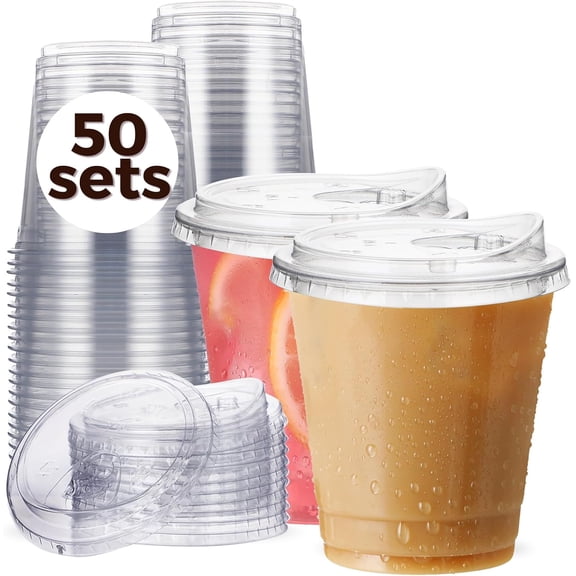 JJEAN-12 oz Clear Plastic Cups with Strawless-Sip-Lids, 50 Sets Disposable Cups Plastic Iced Coffee Cups, To Go Cups with Sip Through Lids for Smoothie, Milkshake, Cold Drinks for Party, Wedding, Eve