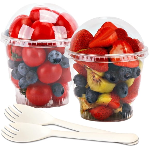 JJEAN-12 oz Clear Plastic Parfait Cups with Dome Lids (NO HOLE) & Sporks, (50 Sets) Disposable Plastic Cups/Bowls for Cereal Parfait, Pudding, Snacks, Ice Cream, Yogurt, Dessert, On The Go Fruit Cup