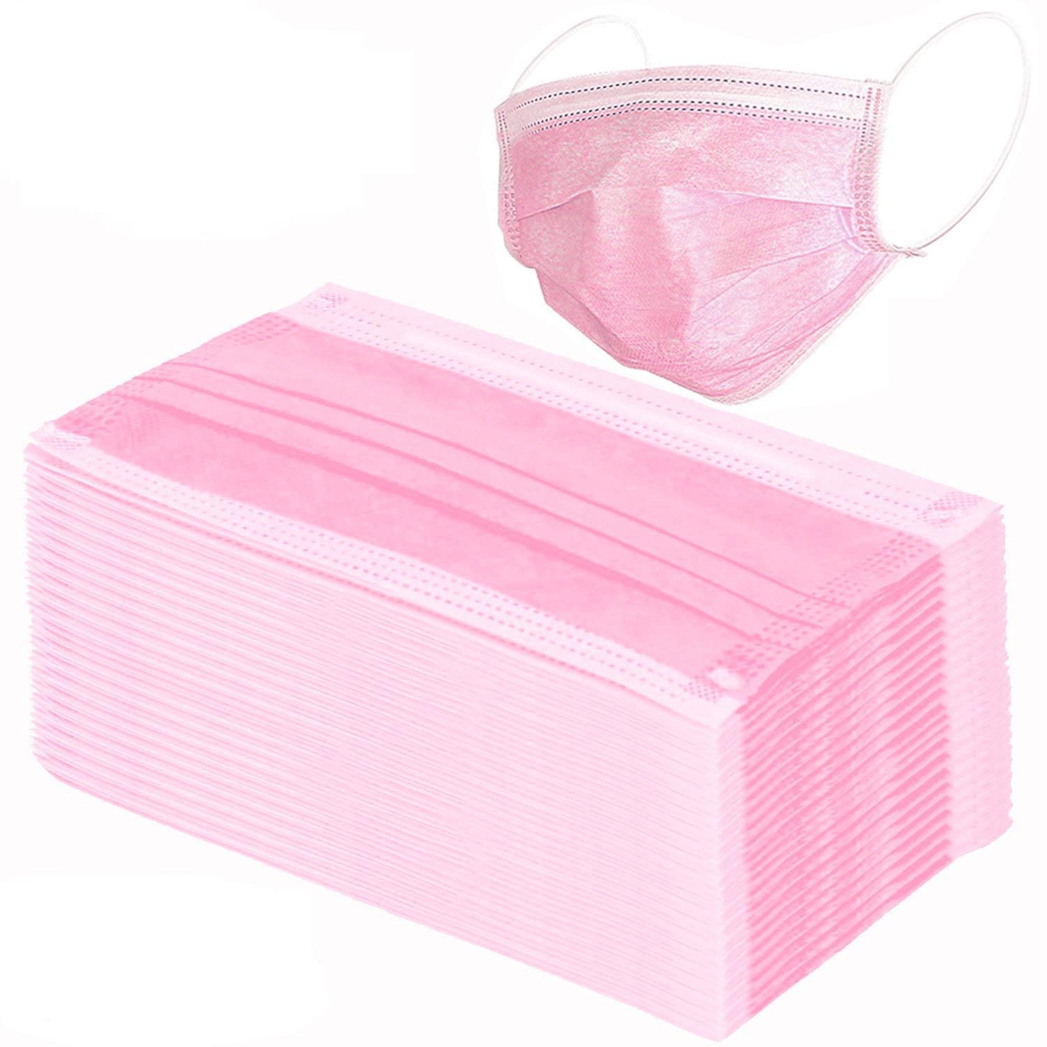 JJEAN-120 Pack Disposable Face Masks with Elastic Ear Loop, 3 Ply Breathable (Pink)