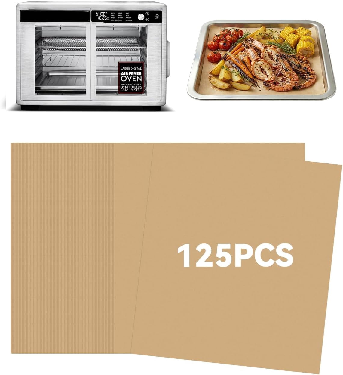 JJEAN-125PCs Parchment Paper Liners Compatible with Gourmia French Door Air Fryer Oven 37 QT XL Large Capacity Convection Toaster Oven, Pre-Cut Nonstick Disposable Baking Sheets Food Grade Accessorie