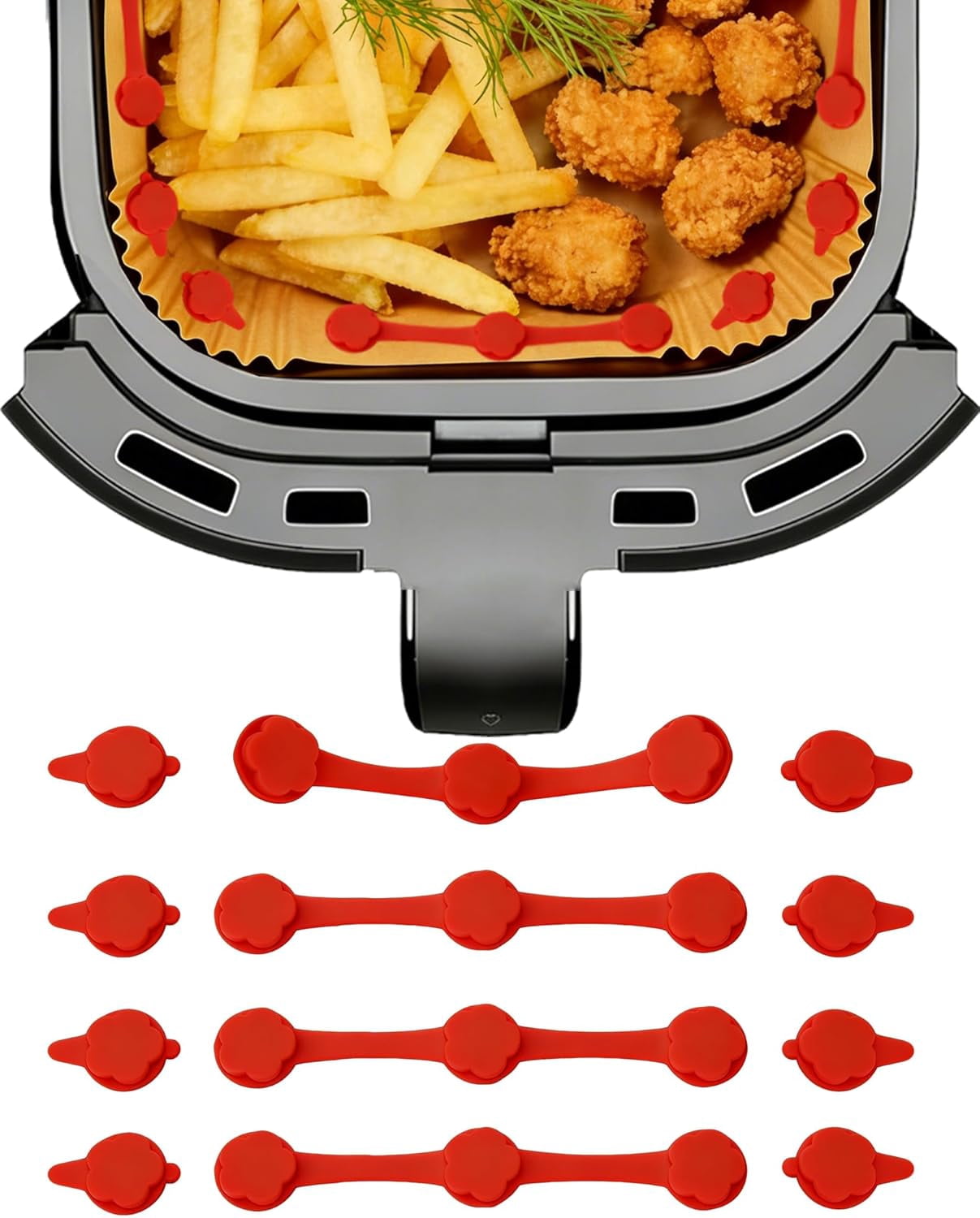 JJEAN-12PCS Air Fryer Magnets for Parchment Paper, Air Fryer Accessories Locks Silicone Magnetic Buckle for Holding down Disposable Liners, Prevent Paper Burning & Food Covering (Red)
