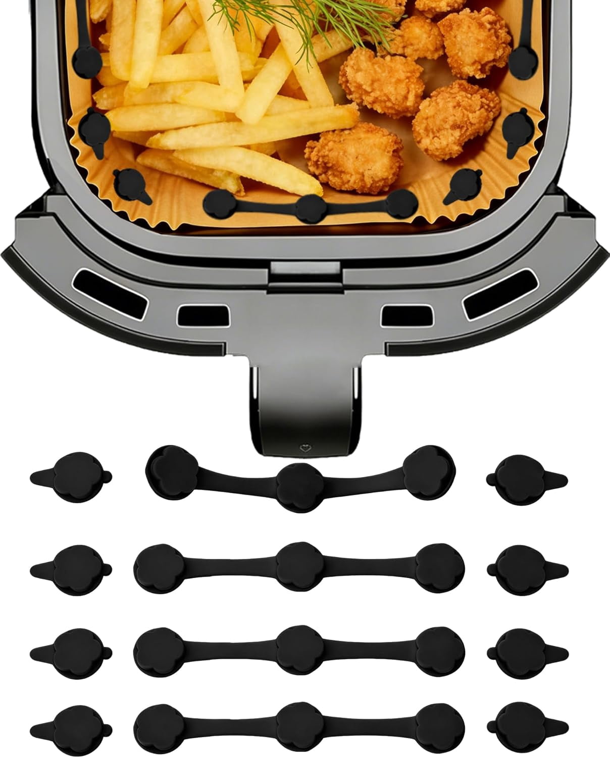 JJEAN-12PCS Air Fryer Magnets for Parchment Paper, Silicone Magnetic Buckle Accessories Locks for Holding Down Liners, Heat-Resistant Air Fryer Liner Magnets to Prevent Burning & Food Covering (Black