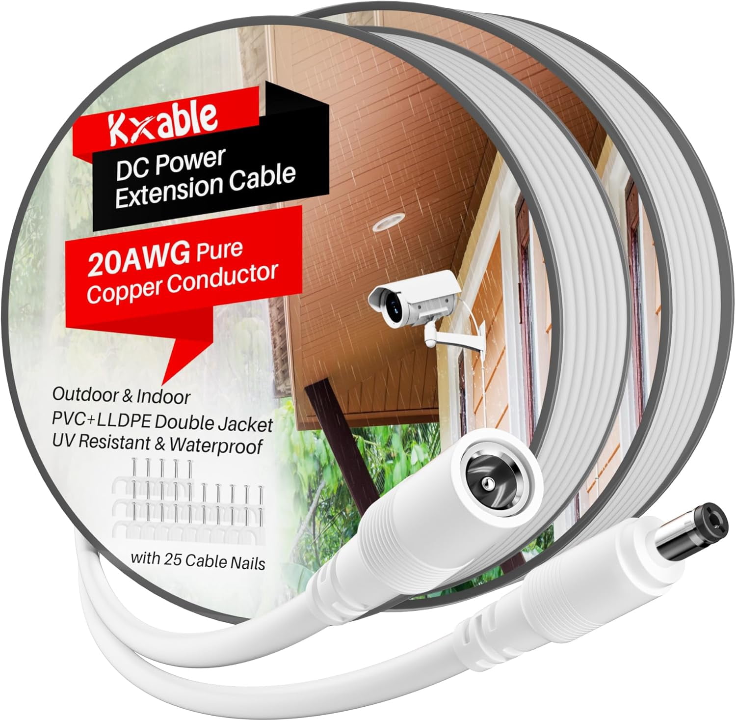 JJEAN-12V DC Power Extension Cable 30FT (2-Pack), Outdoor & Indoor, 5.5mm x 2.1mm 5521 Male to Female, Waterproof Double Jacket, UV Resistance, for CCTV Security Camera, IP Network, DVRs, LED Strip,