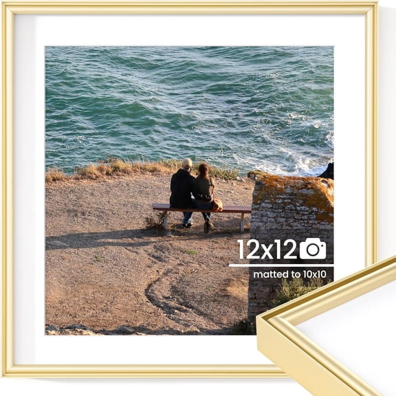 JJEAN-12x12 Metal Picture Frame | 12x12 Aluminum Frame With Mat for 10x10 Photo | Square 12 x 12 Frame with Tempered Glass | Vertical or Horizontal Wall Display (Set of 1, Gold)