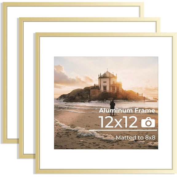 JJEAN-12x12 Metal Picture Frame Golden, 12x12 Durable Thin Aluminum Photo Frames with Removable Mat for 8x8 Photo, Wall Hanging Metal Poster Frame with High Definition Plexiglass, Set of 3