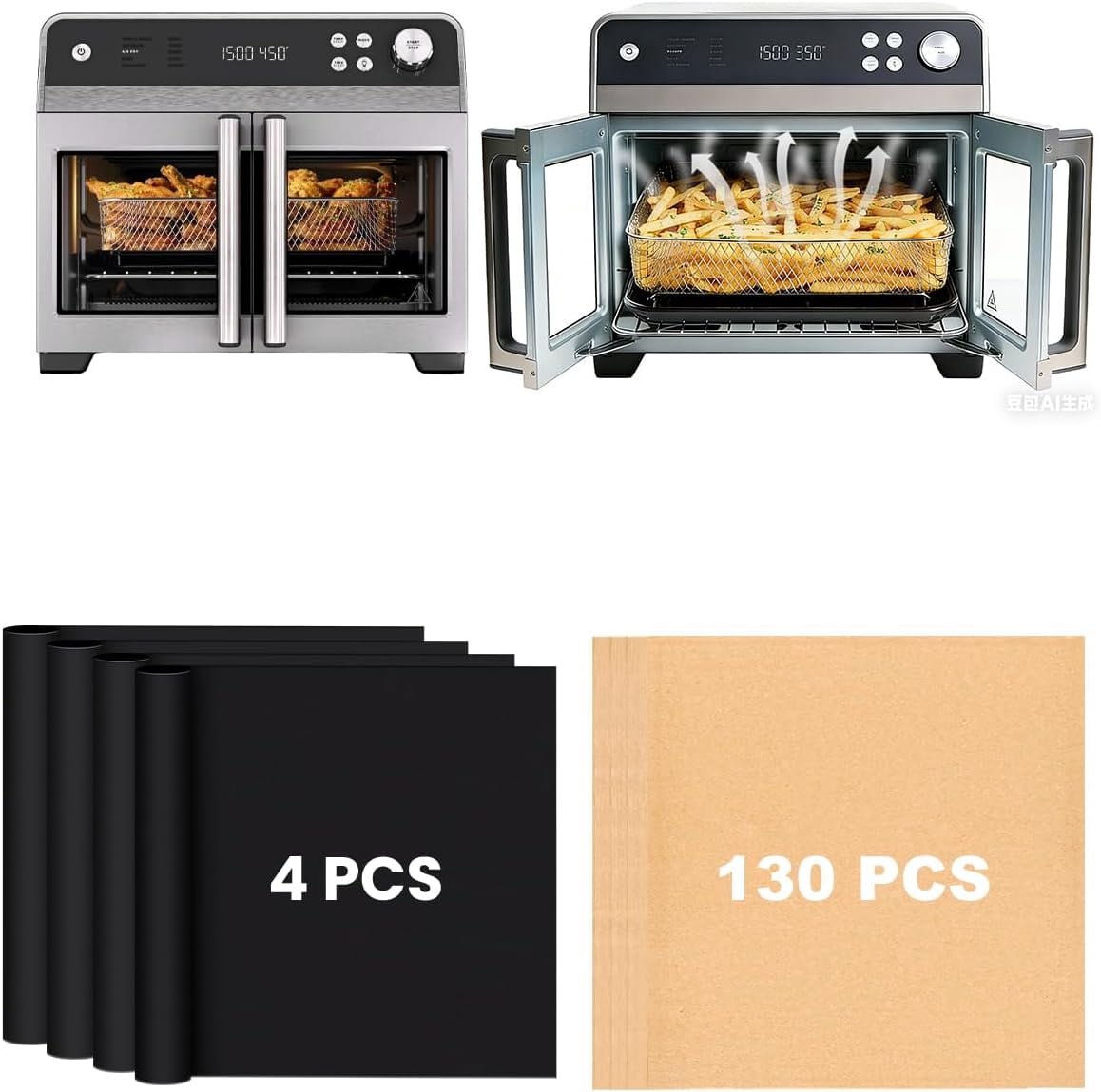 JJEAN-134PCS Air Fryer Liners Compatible with Ninja French Door Premier Air Fryer Convection Toaster Oven FO101, 130PCs Parchment Paper Sheets for Baking Roasting, 4PCs Reusable Teflon Mats Accessori