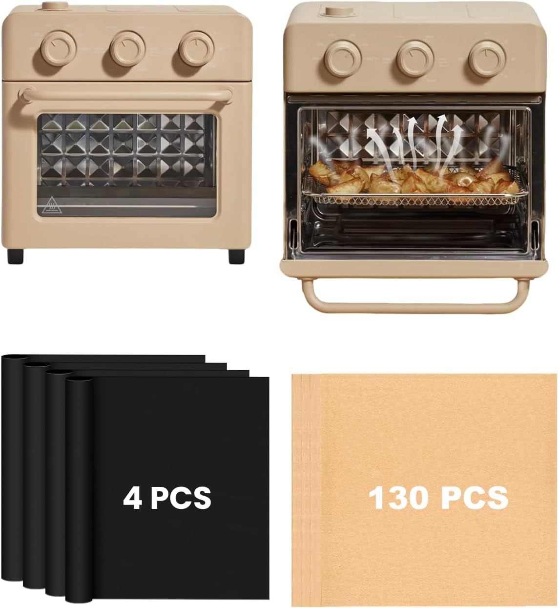 JJEAN-134PCS Air Fryer Liners Compatible with Our Place Wonder Oven 12.7 Quarts, 130PCs Parchment Paper Sheets for Air Frying Baking Roasting and 4PCs Non-Stick Teflon Baking Mats Toaster Oven Access
