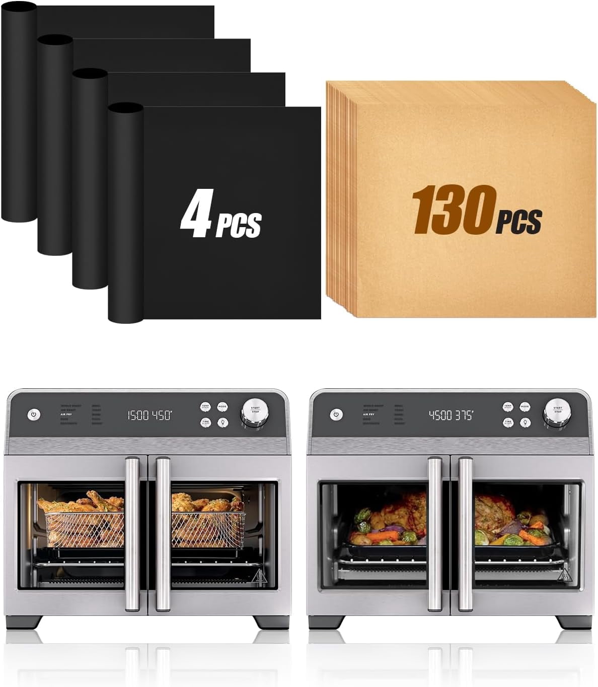JJEAN-134PCs Air Fryer Liners Compatible with Ninja French Door Premier Air Fryer Convection Oven FO101, 4PCs Reusable Baking Teflon Mats and 130PCs Disposable Parchment Paper Accessories