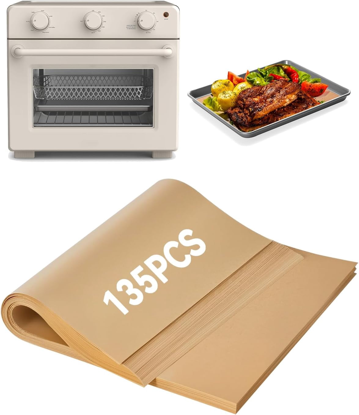 JJEAN-135PCs Air Fryer Parchment Paper Liners for Bella Air Fry Toaster Oven 25 Quarts, Pre-Cut Nonstick Disposable Baking Paper Sheets Accessories for Easy Cleanup Food-Grade Oven Safe Up to 450°F