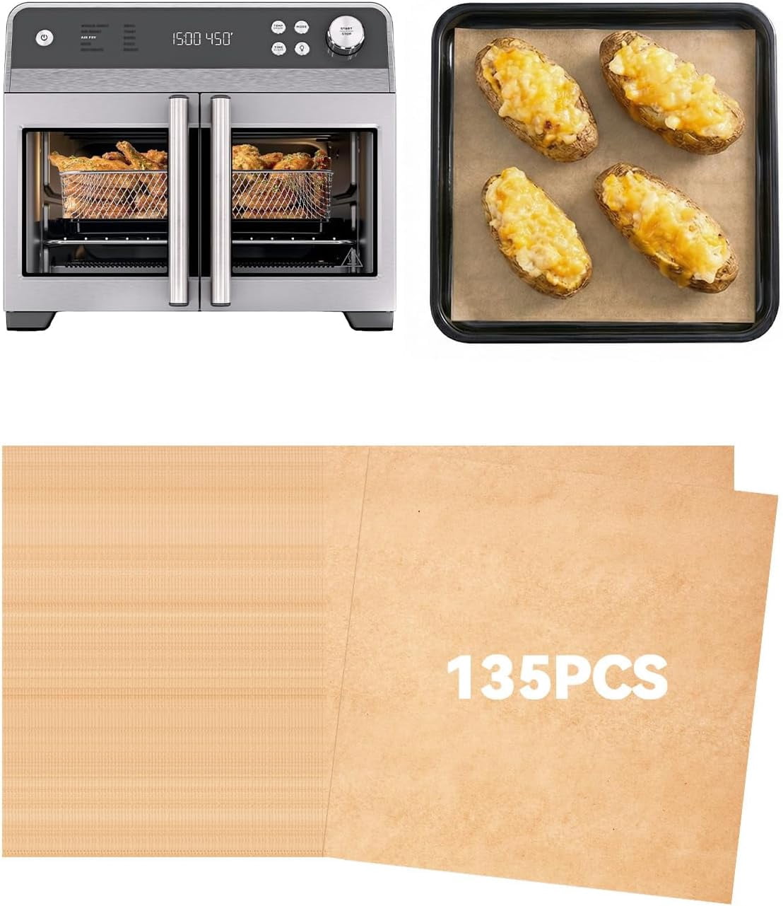 JJEAN-135PCs Air Fryer Parchment Paper Liners for Ninja French Door Premier Air Fryer Convection Oven Toaster FO101, Pre-Cut Nonstick Disposable Baking Sheets Accessories Food-Grade, Free of Bleach