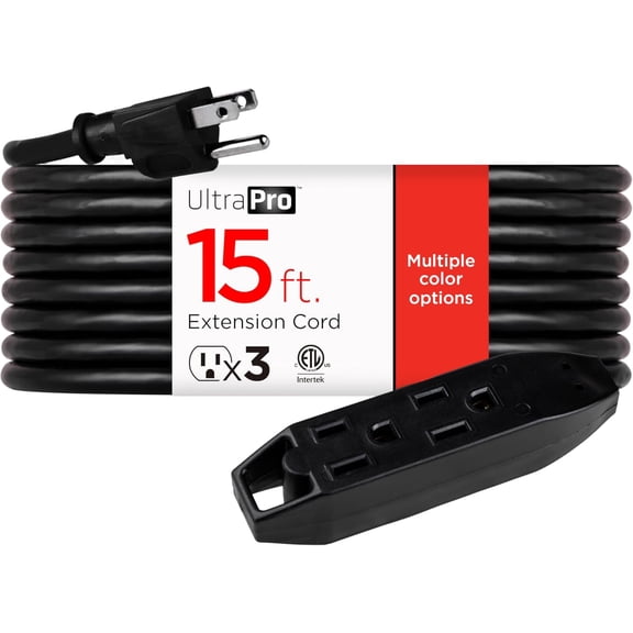 JJEAN-15 Ft Indoor Extension Cord 3 Outlet Power Strip Long Extension Cord with Multiple Outlets Grounded Heavy Duty 16 Gauge ETL Listed Black 50786