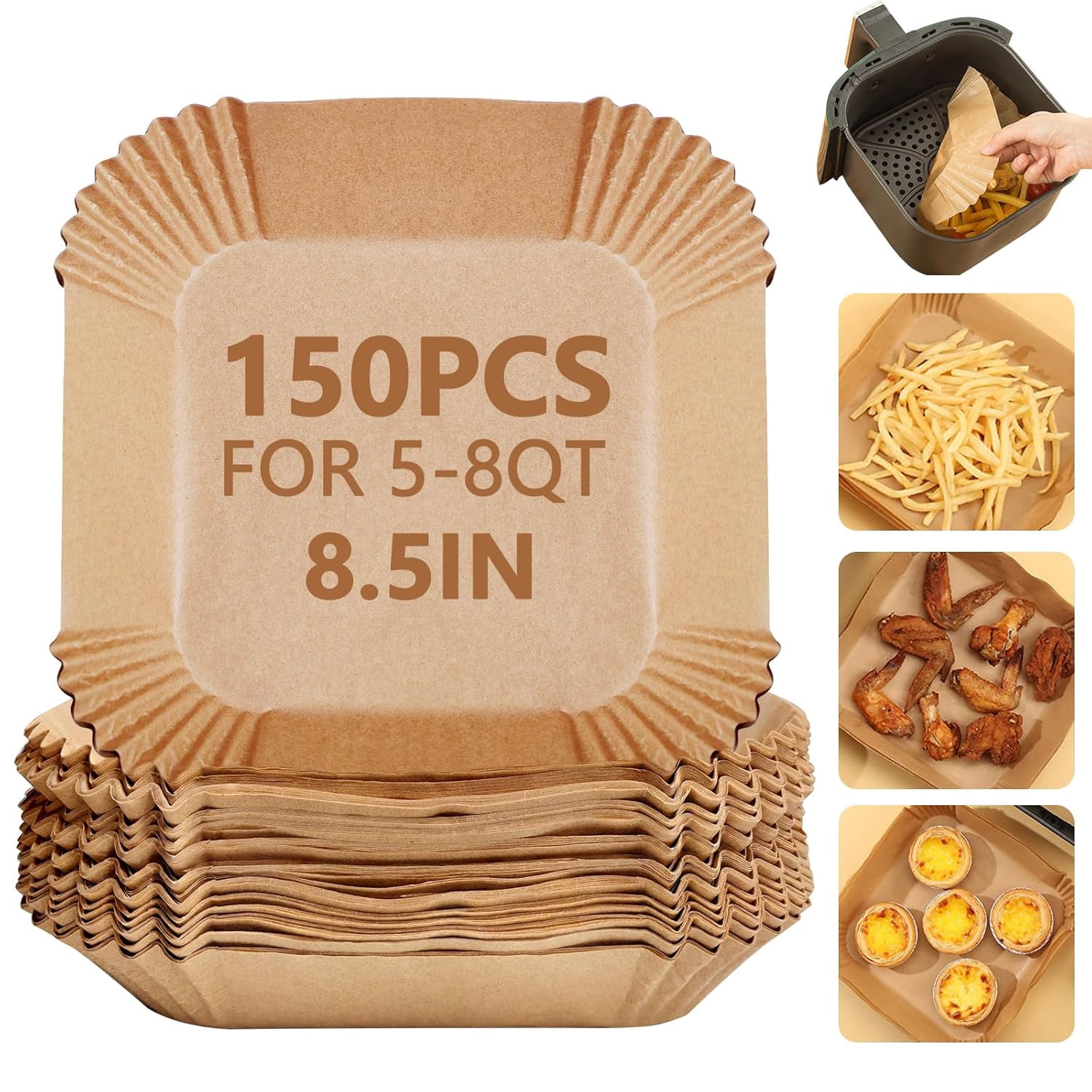 JJEAN-150 Pack 8.5 Inch Air Fryer Liners, Parchment Paper Sheets for Air Fryer Basket, Non-Stick, Disposable, Unbleached, Heat Resistant, Fits 5-8QT Air Fryers, Oil-Free & Healthy Cooking(Bottom size