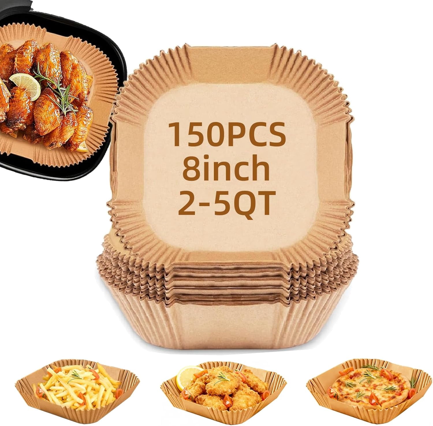 JJEAN-150 Pcs 8” Square Unbleached Heavy Duty Air Fryer Paper Liners Disposable, Non-Stick & Non-Leak Parchment Paper Liners for Airfryer Basket, Deep Fryer Parts & Accessories