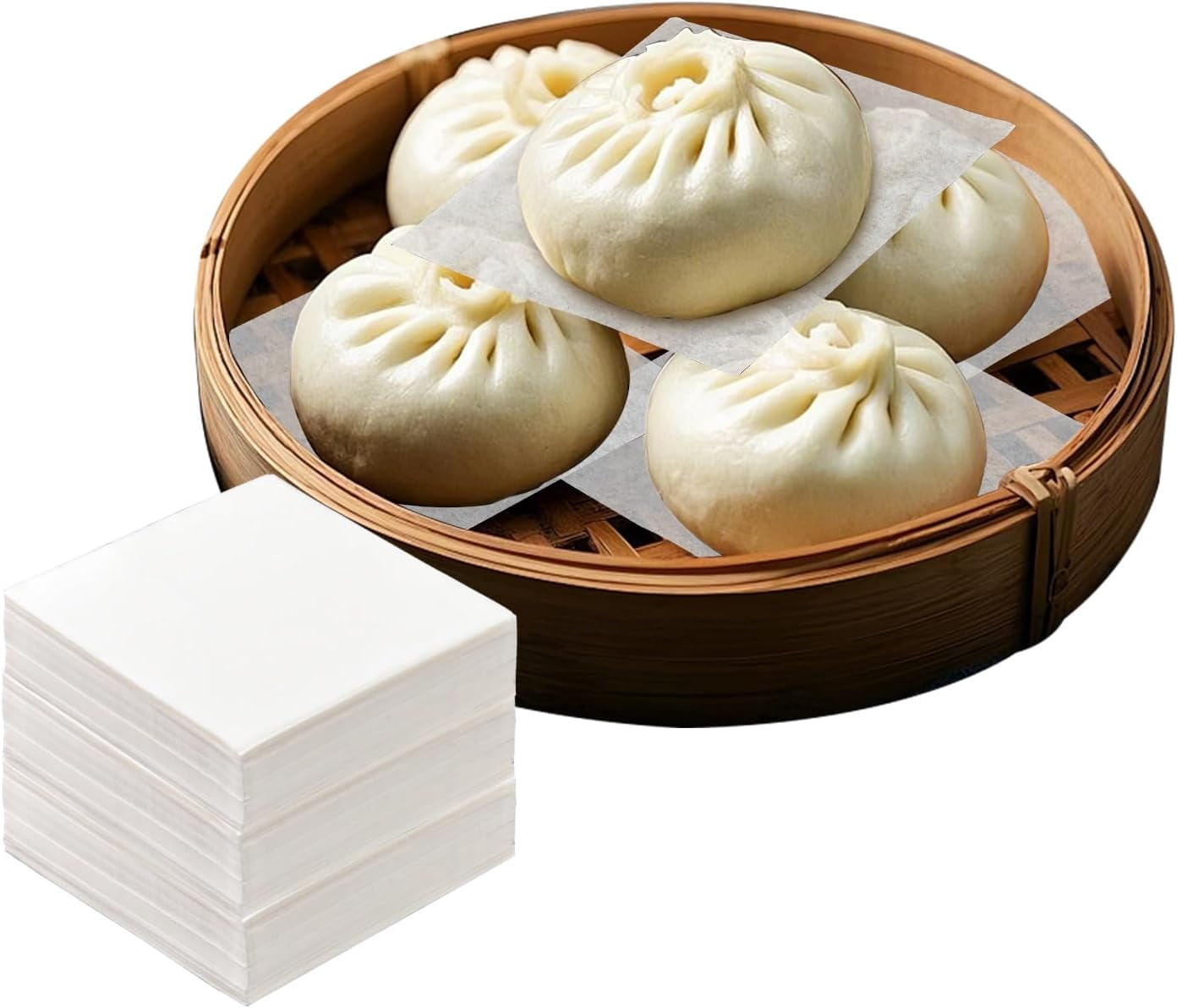 JJEAN-1500 Pack Small 2.8in Bamboo Steamer Paper Liner for Bun Dumpling Non-Stick, Square Parchment Paper Sheets for Oven Air Fryer Baking Bread Cookie Cake