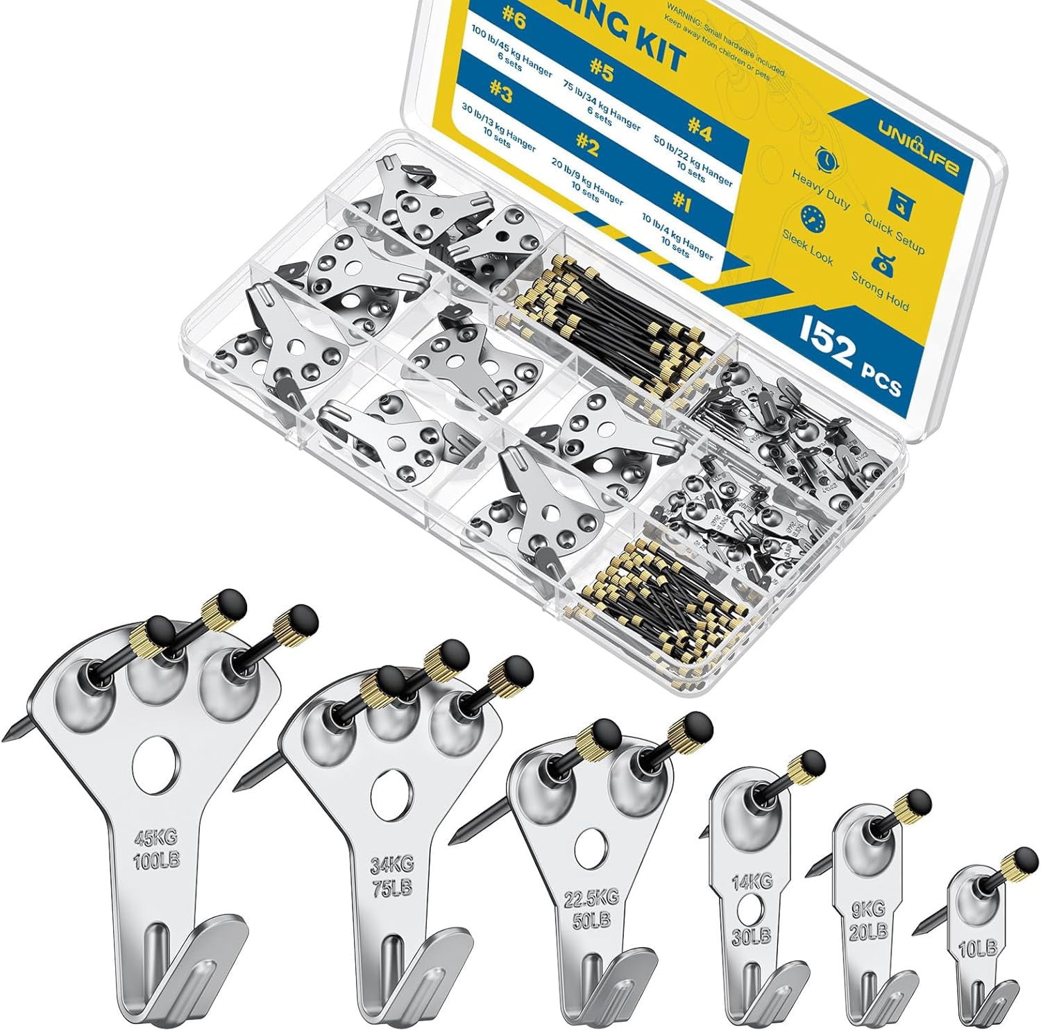 JJEAN-152 Pcs Picture Hanging Kit, 10 lb, 20 lb, 30 lb, 50 lb, 75 lb, 100 lb Heavy Duty Picture Hangers for Drywall & Wood, Picture Hanging Hooks, Frame Hooks, Silver