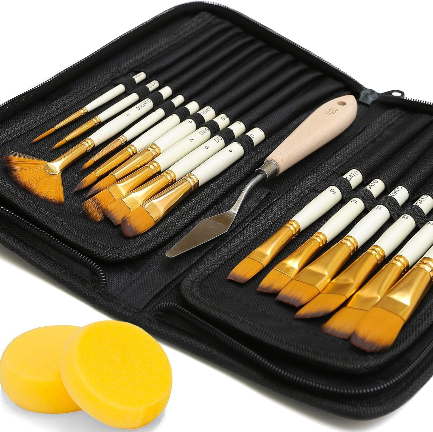 JJEAN-15pc Artist Paint Brush Set with Pop-Up Case, Palette Knife & Sponges - Nylon Hair for Acrylic, Oil, Watercolor, Gouache, Model & Craft Painting