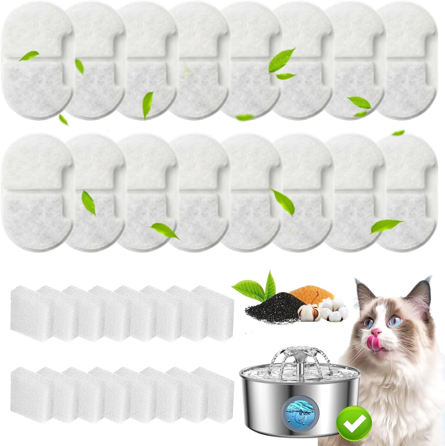 JJEAN-16+16 Pack Replacement Filters for LucidShine 108oz/3.2L Stainless Steel Cat Water Fountain, Includes 16 Filters & 16 Sponges