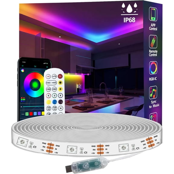JJEAN-16.4FT Ws2812 RGB+IC LED Strip Lights IP68 Outdoor Waterproof, 5V USB Powered, Music Sync Bluetooth APP/RF Remote Control Lights for Balcony,Deck,Camping,Garden,Bedroom Decor