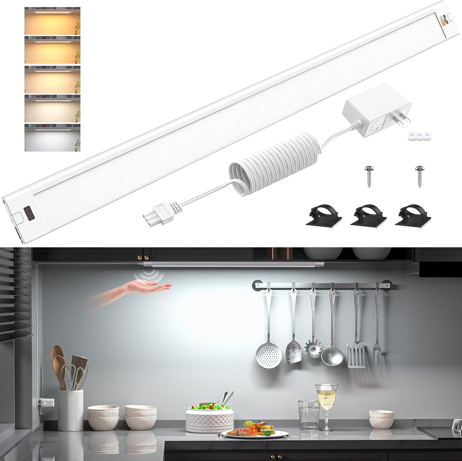 JJEAN-16.5 inch Under Cabinet Lighting,5 Color Settings,Under Counter Lights for Kitchen,Hand Wave Activated,Touchless for Cabinet,Shelf,Under Desk,Color Tunable 2700K to 6000K,Dimmable,White,1000LM