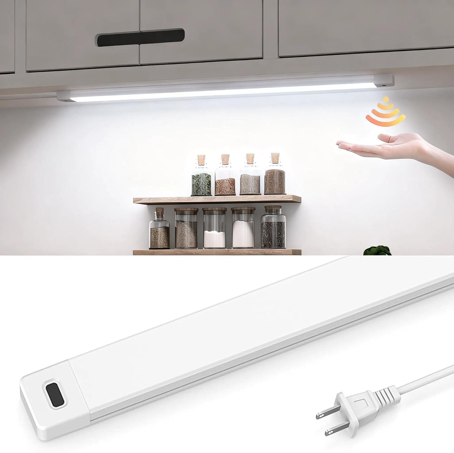 JJEAN-16 Inch Under Cabinet Lights with Hand Wave, Under Counter Lighting 5000K Cold White,Dimmable,Plug and Play,LED Lights for Kitchen Cabinet, Cupboard, Closet, Desk