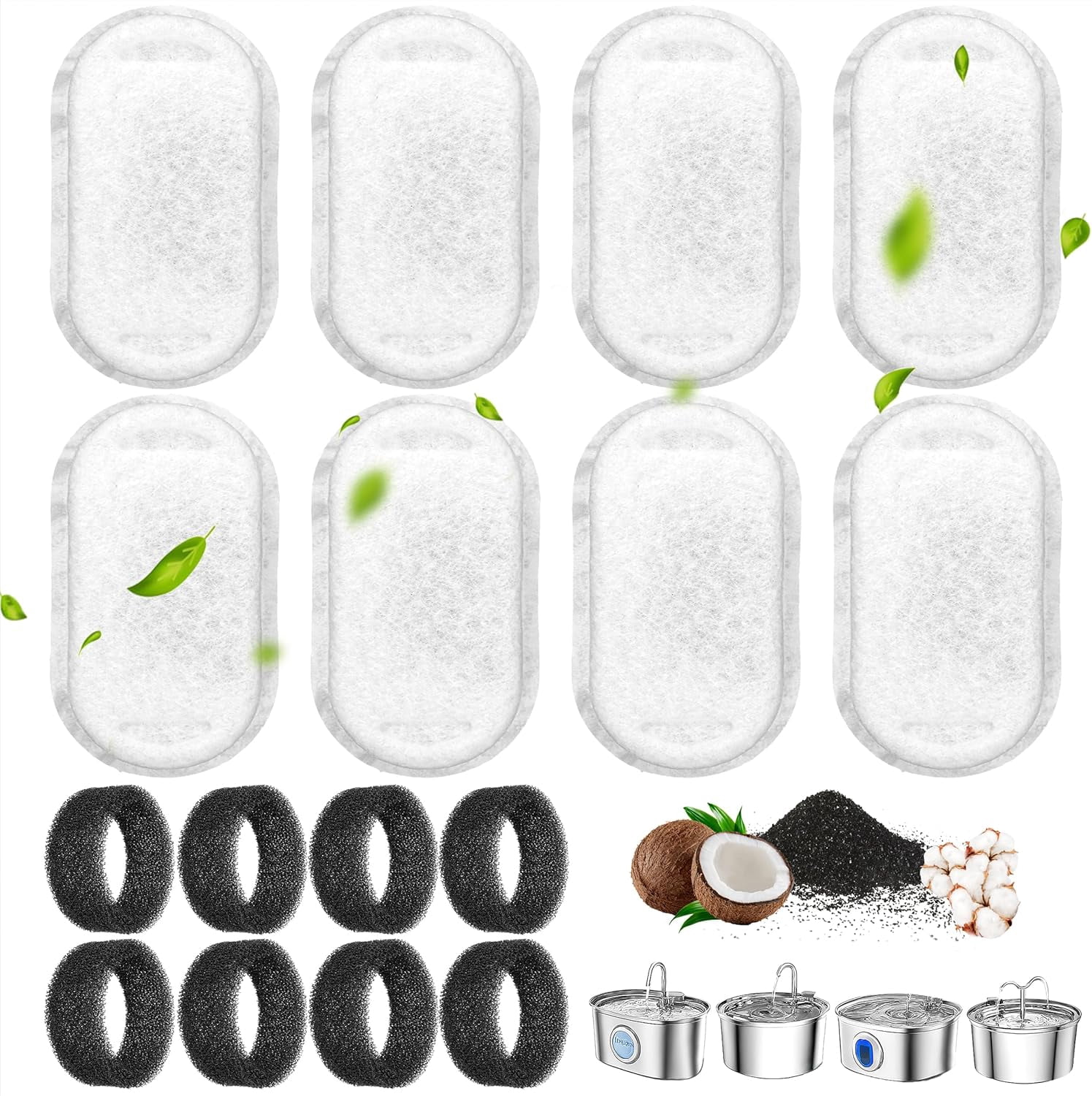 JJEAN-16 Pack Cat Water Fountain Filter Replacement – 8 Pet Filters with 8 Sponges for 108/3.2L & 67oz/2L Cats and Dogs Indoor Stainless Steel Pet Drinking Fountains Bowl Dispenser with Adjustable Fl