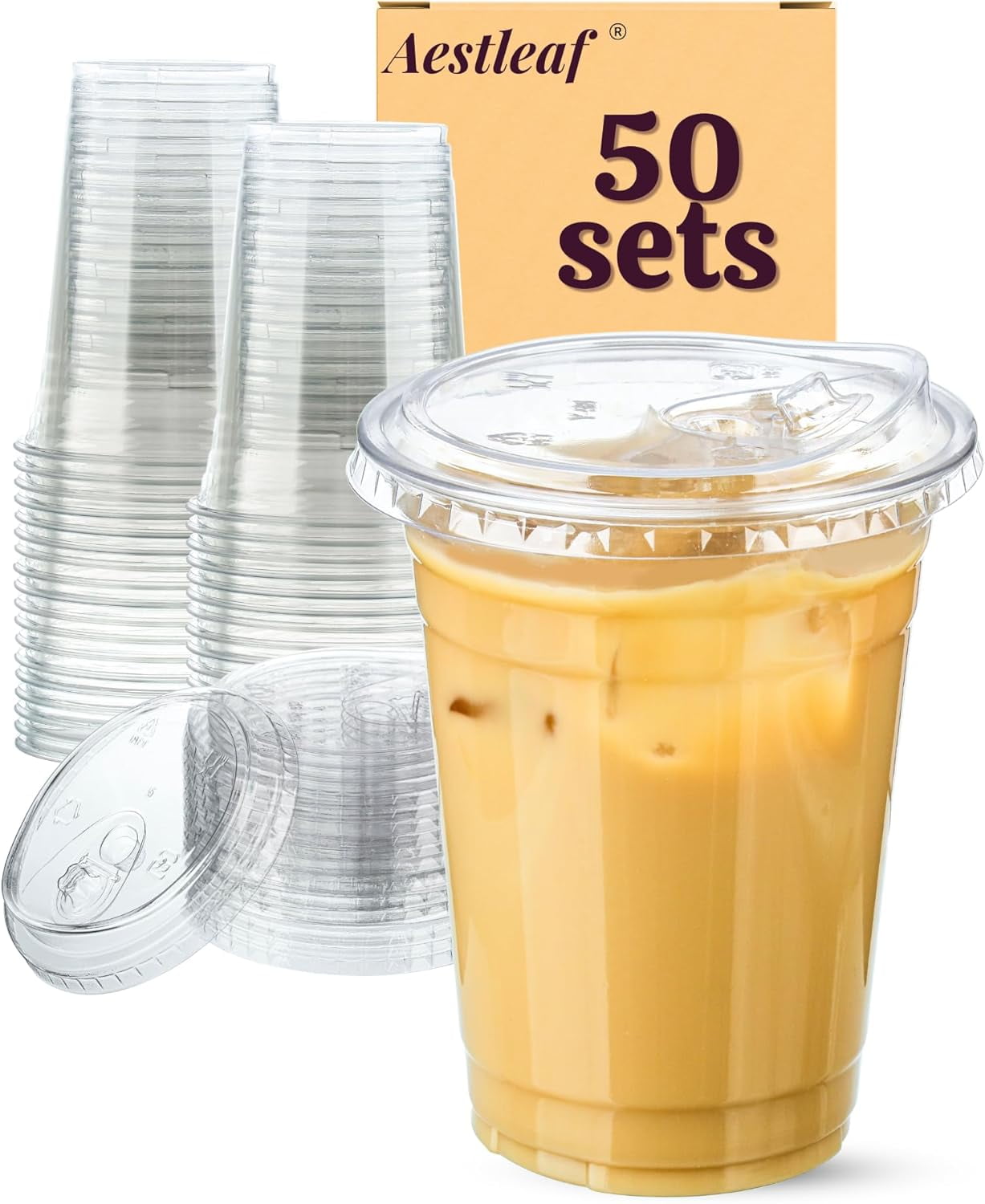 JJEAN-16 oz Clear Plastic Cups with Lids, 50 Sets Disposable Plastic Iced Coffee Cups with Strawless Sip-Lids, To Go Coffee Cup for Smoothie, Milkshake, Cold Drinks