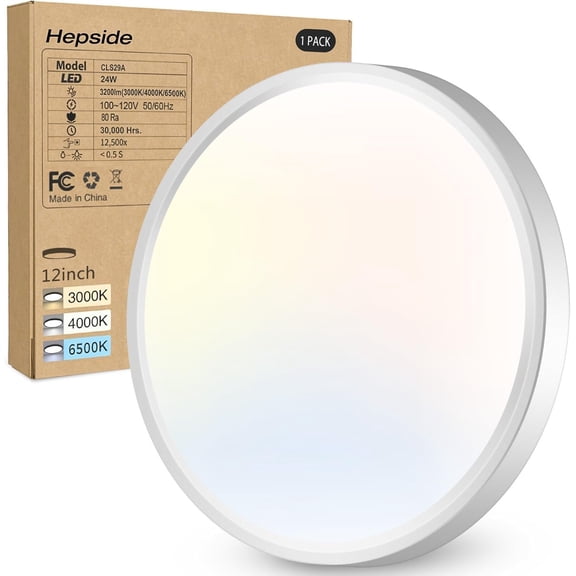 JJEAN-1PACK LED Flush Mount Ceiling Light - 3CCT Selectable 3000K-4000K-6500K & 100W Equivalent Modern Kitchen Recessed Ceiling Lamp 24W 3200Lm 12 Inch for Bathroom Closet Laundry Bedroom Hallway, Wh
