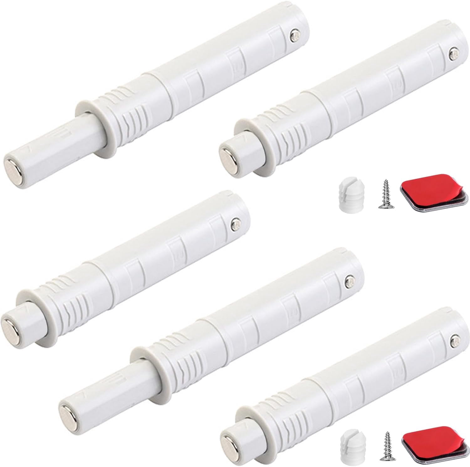 JJEAN-2.87" Push to Open Cabinet Hardware 5 Pack Push Latch & Lock for Hidden Door Touch Latches and Catch Push Release Drawer Pull Tip on RV Closet Close Strong Pop Out, White