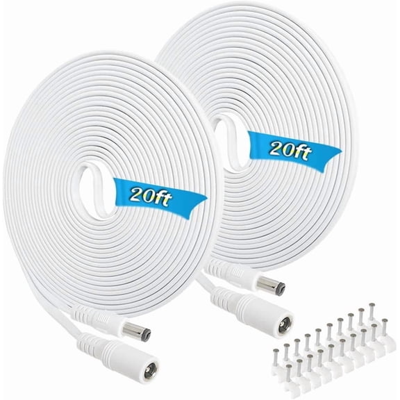 JJEAN-2 Pack 20FT DC Power Extension Cable 5.5mm x 2.1mm12v DC Extension Cord Power Adapter for CCTV Security Camera Surveillance IP Camera,LED Strip,24v 12 Volt Male to Female Plug Flat Cable (20FT)