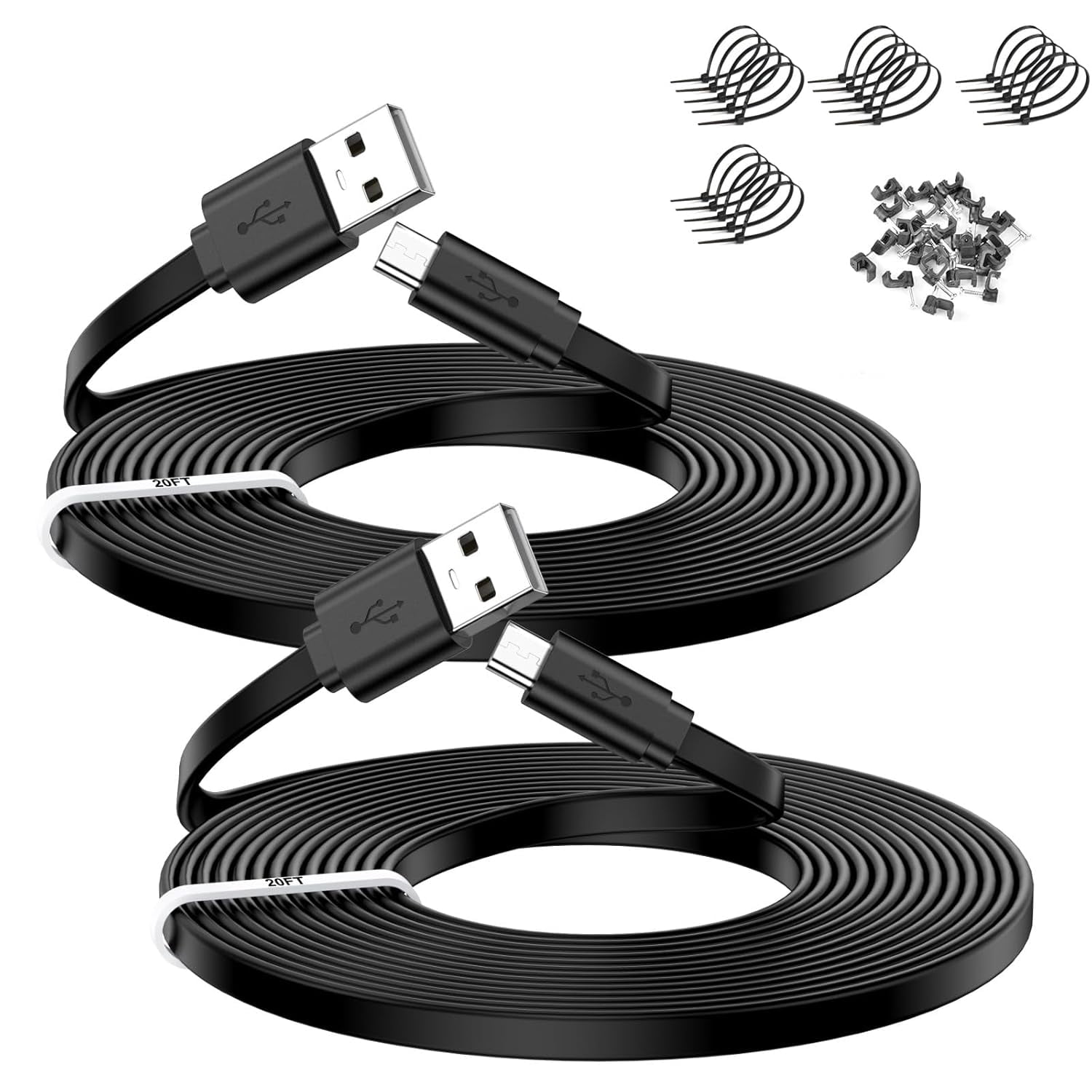 JJEAN-2 Pack 20FT Power Extension Cable,Flat Extension USB to Micro USB Charging Cord,Compatible with Wyze Cam v4/v3/OG/v3 Pro,Blink,Nest Cam Indoor,Fire Kindle(Not for Wyze Cam Pan v3,Not Type-C)