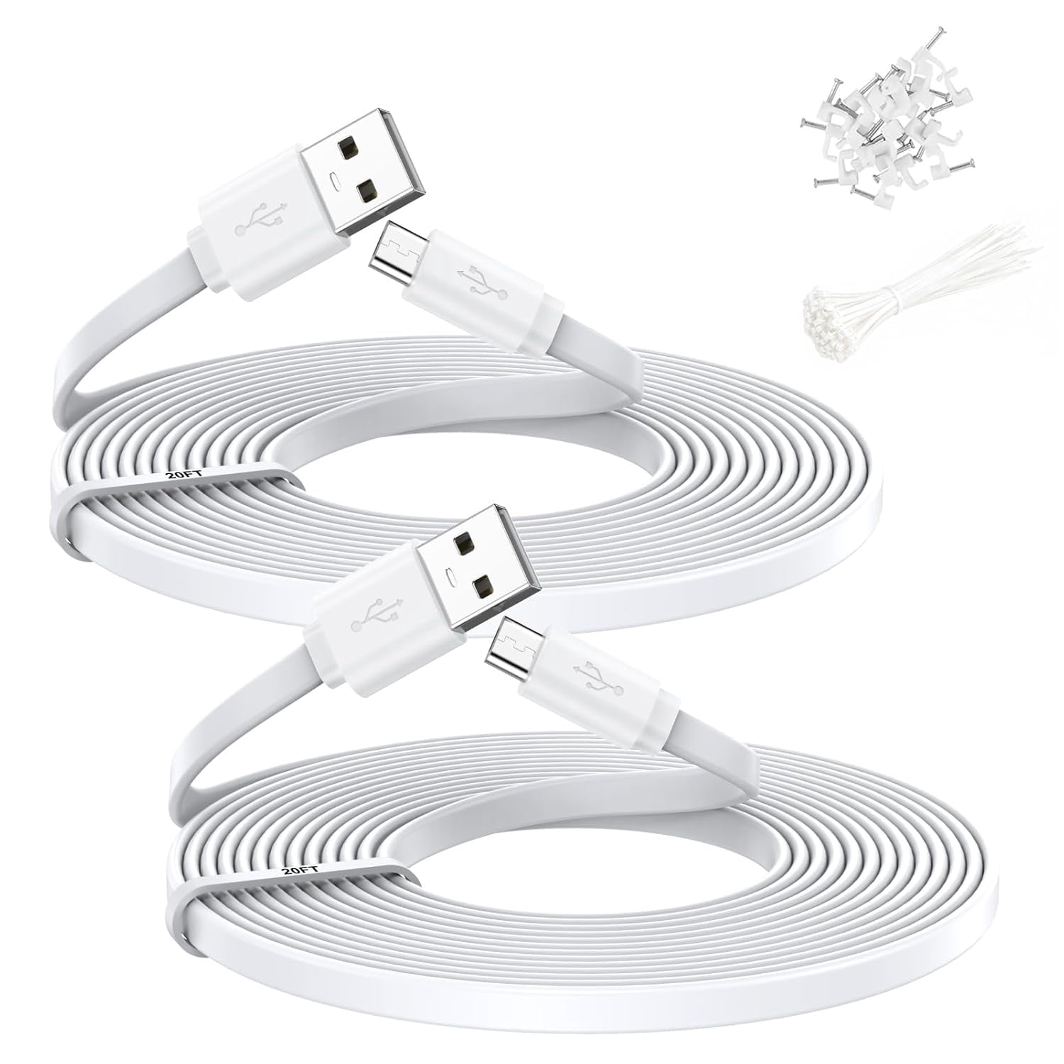 JJEAN-2 Pack 20FT Power Extension Cable,Flat Extension USB to Micro USB Charging Cord,Compatible with Wyze Cam v4/v3/OG/v3 Pro,Blink,Nest Cam Indoor,Fire Kindle(Not for Wyze Cam Pan v3,Not Type-C)