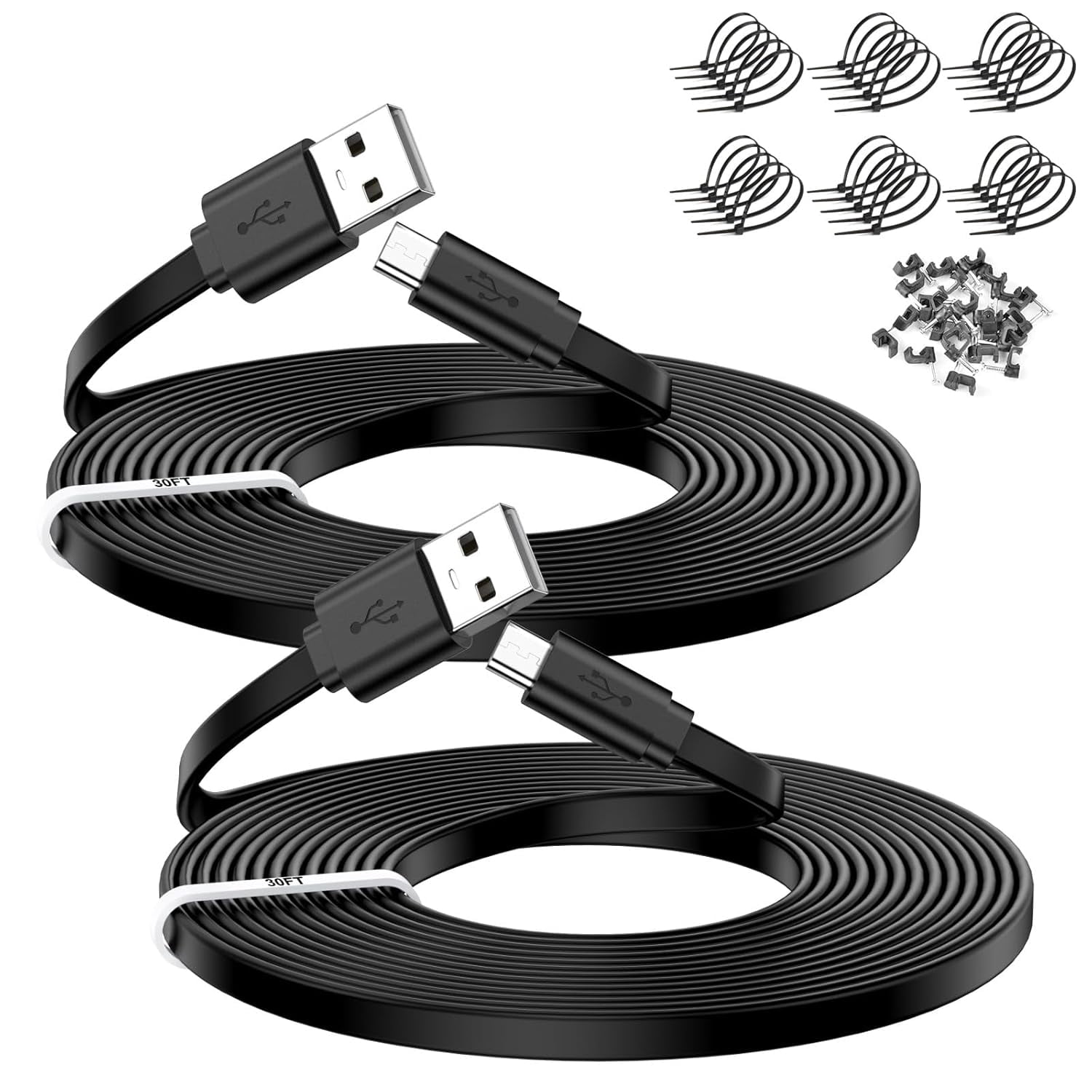 JJEAN-2 Pack 30FT Power Extension Cable,Flat Extension USB to Micro USB Charging Cord,Compatible with Wyze Cam v4/v3/OG/v3 Pro,Blink,Nest Cam Indoor,Fire Kindle(Not for Wyze Cam Pan v3,Not Type-C)