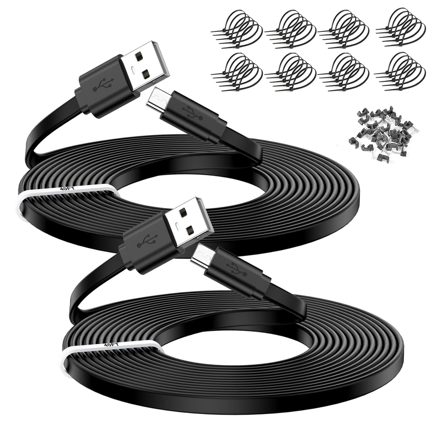 JJEAN-2 Pack 40FT Power Extension Cable,Flat Extension USB to Micro USB Charging Cord,Compatible with Wyze Cam v4/v3/OG/v3 Pro,Blink,Nest Cam Indoor,Fire Kindle(Not for Wyze Cam Pan v3,Not Type-C)