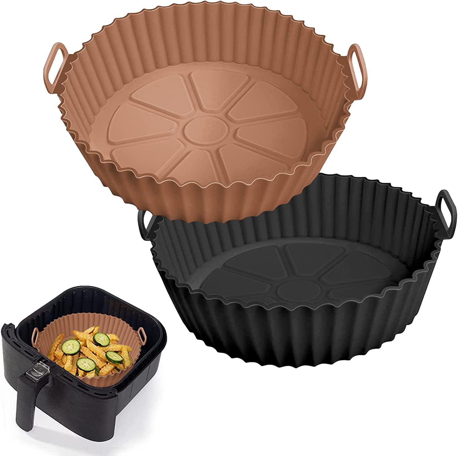 JJEAN-2 Pack Air Fryer Silicone Liners Pot for 3 to 5 QT, Air Fryer Silicone Basket Bowl, Replacement of Flammable Parchment Paper, Reusable Baking Tray Oven Accessories, Brown+Blk, (Top 8in, Bottom