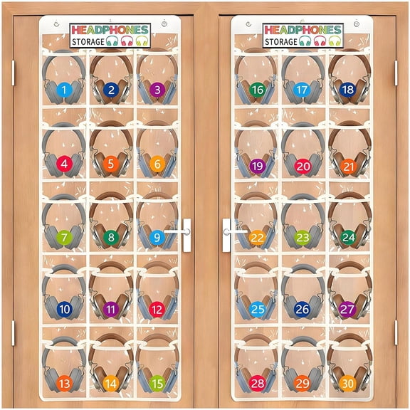 JJEAN-2 Pack Classroom Headphone Storage Organizer with 30 Pockets, PVC Clear Classroom Pocket Chart for Headphone Cell Phone,Over-the-Door or Wall Hanging Headphone Holder Bag with 12 Hooks