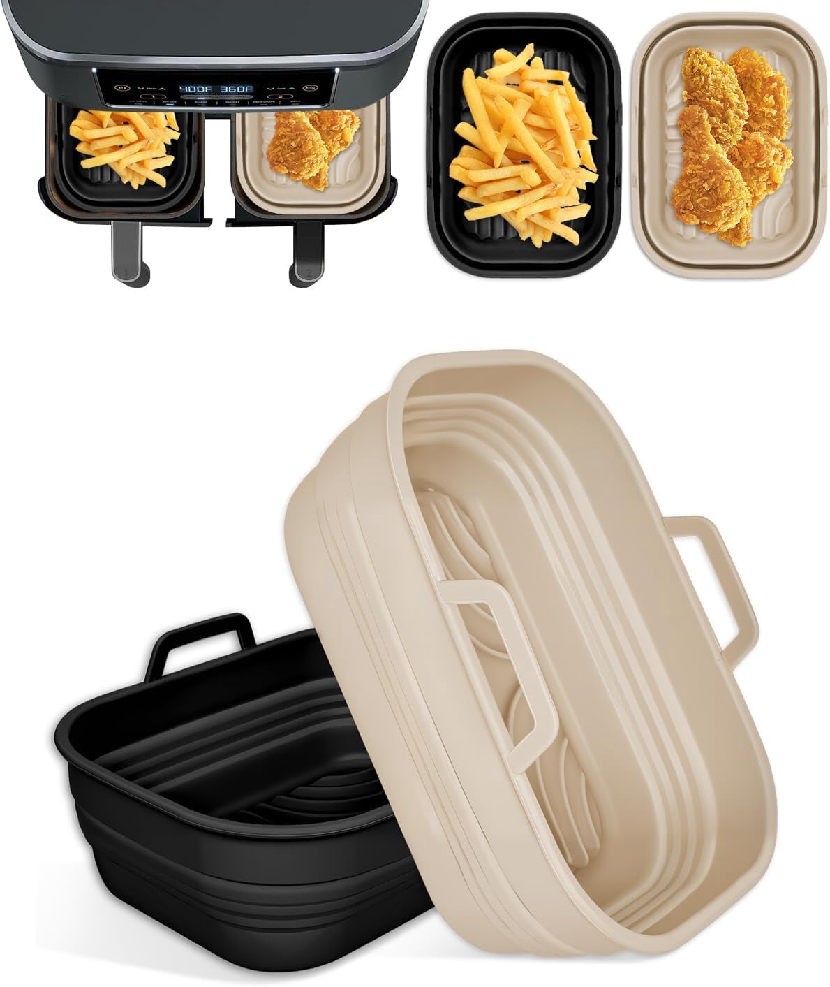 JJEAN-2-Pack Collapsible Air Fryer Silicone Liners for Ninja Foodi Dual Basket DZ201/DZ401/DZ550/DZ302, Reusable Airfryer Non-stick Rectangular Baking Basket Insert for Ninja 8QT-10QT Dualzone