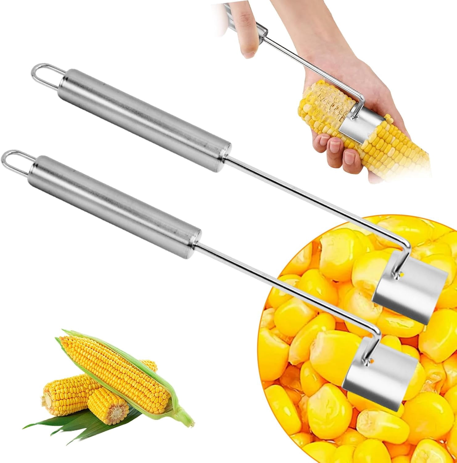 JJEAN-2 Pack Corn Cob Peeler - Stainless Steel Kernel Remover Tool for Fresh/Cooked Corn, Ergonomic Handle & Dishwasher Safe