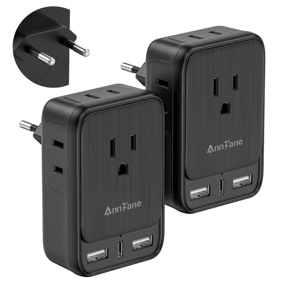 JJEAN-2 Pack European Travel Adapter, US to Europe Plug Adaptor with 4 Outlets 3 USB Charging Ports, Type C Power Adapter for USA to EU Euro Spain France Iceland Germany Greece, Black