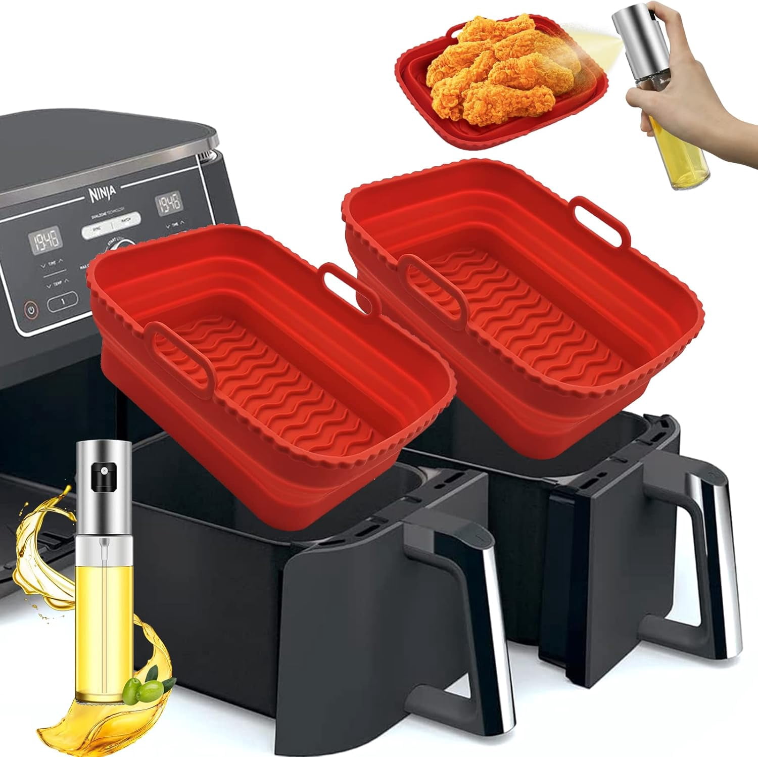 JJEAN-2 Pack Foldable Air Fryer Liners for Air Fryer Dual with 1Pack Oil Sprayer Dispenser, Air Fryer Accessories Reusable Air Fryer Silicone Liner for Dual Air Fryer(Red)