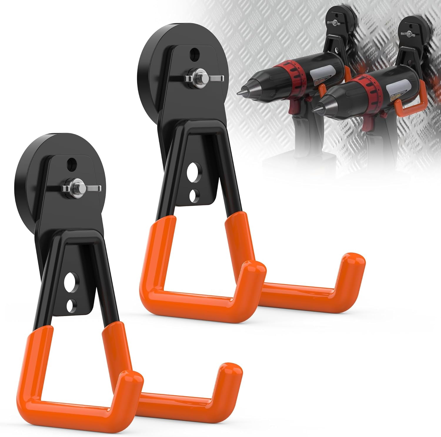 JJEAN-2 Pack Heavy Duty Magnetic Hooks, Large Strong Magnet Hooks with Anti-Slip Rubber Coating, No Drill Magnetic Tool Hanger for Garage, Workshop, Tool Cart and Garden Tools Organization(Orange)